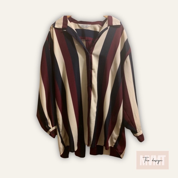 BHS London | Vintage Striped Button Down Tunic Blouse | Black, Cream | Size 16 - Picture 3 of 3